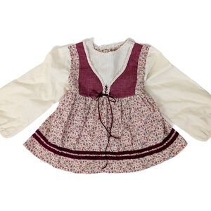 70s Floral Apron Blouse Red Trim Long Sleeve Front Tie Bow Peasant Milkmaid